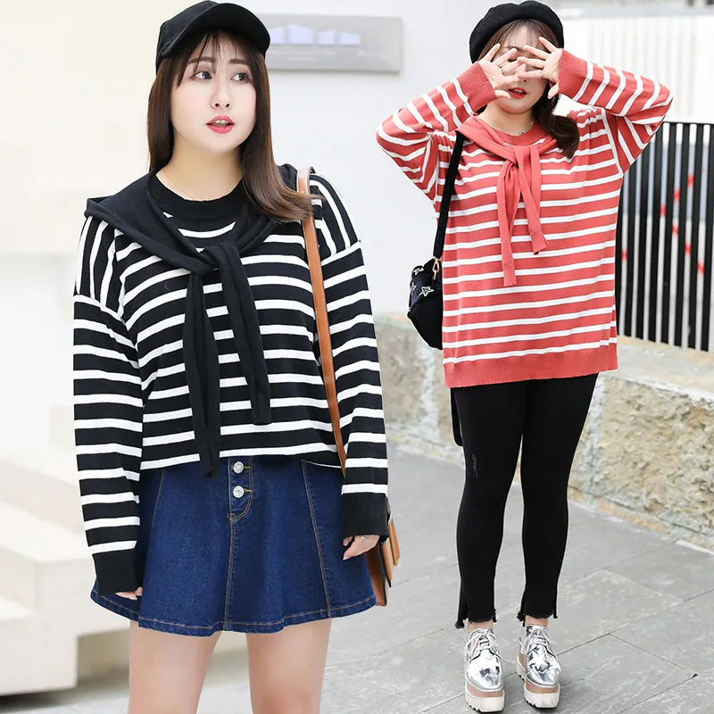 

[Xuan chen] Large GIRL'S Korean-style Sweater Thin Contrast Color Stripes Sweater Autumn New Style Casual Skirt on Behalf of M04