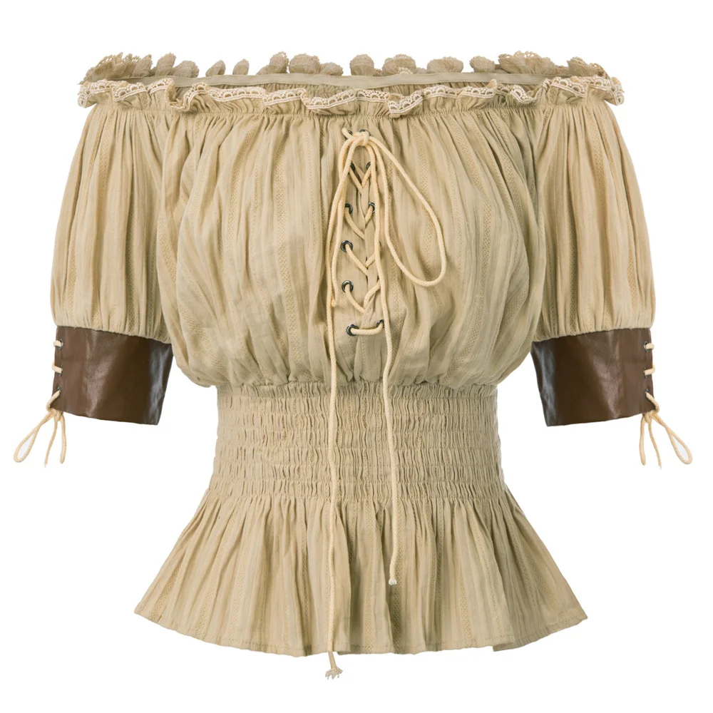 Belle Poque, женские топы, винтажная рубашка, с открытыми плечами, половина рукава, готические топы, Ретро стиль, для девушек, стимпанк, повседневная одноцветная футболка - Цвет: Khaki