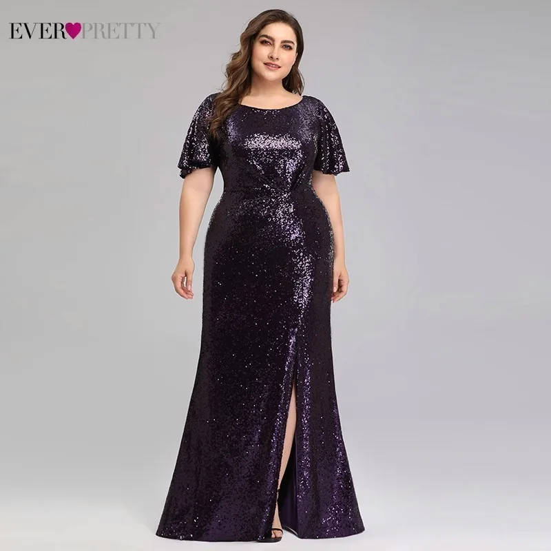 Plus Size Dark Purple Mermaid Prom Dresses Ever Pretty Sequined O-Neck Short Sleeve Sexy Party Dresses Vestidos De Gala