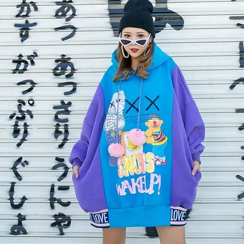 

SexeMara fashion The New Loose Cartoon printing Sequin Contrast color Hooded Long sleeve Sweatshirt free shipping