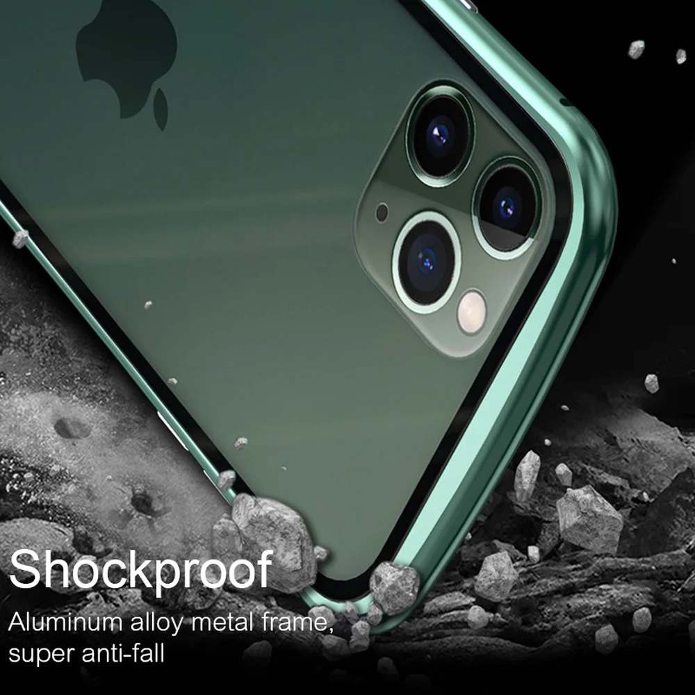 Для IPhone 11 Pro Max Магнитный чехол Роскошный Алюминиевый металлический бампер двухсторонний закаленное стекло Магнитный чехол 360 Защитный чехол