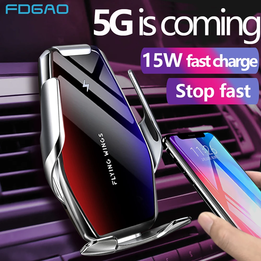 FDGAO Automatic Clamping 15W Car Wireless Charger Mount Qi Fast Charging Phone Holder for IPhone 12 11 XS XR X 8 Samsung S20 S10