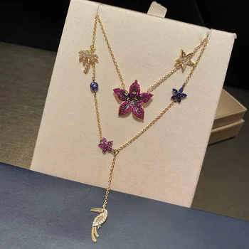

fashion golden chain rose red flower pendant necklace for women