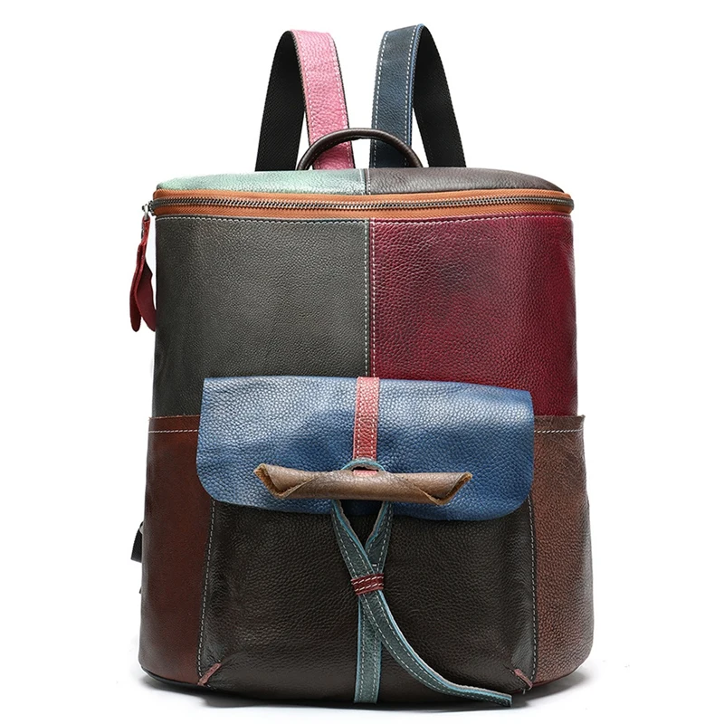 

NEW-Leather Handmade Vintage Women Backpack Female Bags Cow Leather Backpack Patchwork Colorful Bag