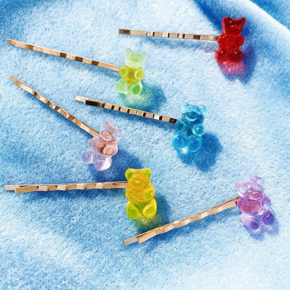 

2020 Cute Soft Candy Bear Character Hairpin Rainbow Bangs Clip Girl Hair Trim Side Clip Headdress Bear Character Clip