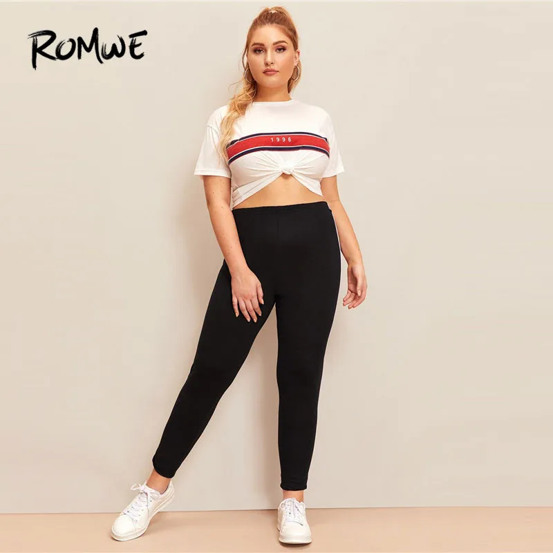 Romwe Sporty Plus Size Contrast Taped Side Leggings Women Gym Running Tights Black Pants Ladies Fitness Yoga Leggins