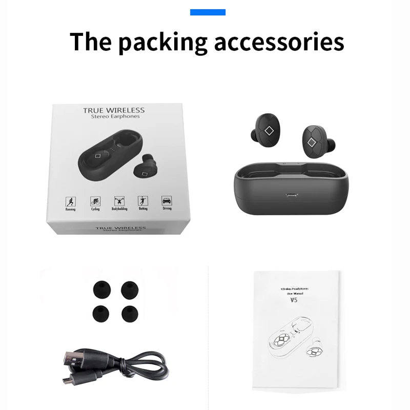 V5 Bluetooth гарнитура Bluetooth 5,0 беспроводная гарнитура с зарядным устройством спортивная Гарнитура 3D стерео с двойным микрофоном usb зарядка