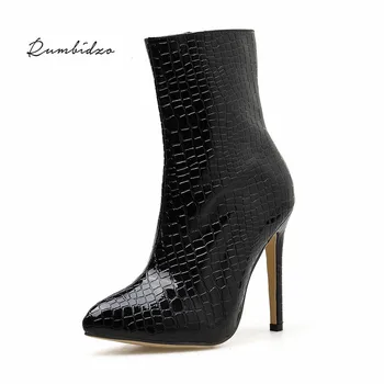 

Rumbidzo Women Boots Pointed Toe Crocodile Print Thin High Heeled Pumps Boats Mujer Autumn Winter Female Party Ankle Boots