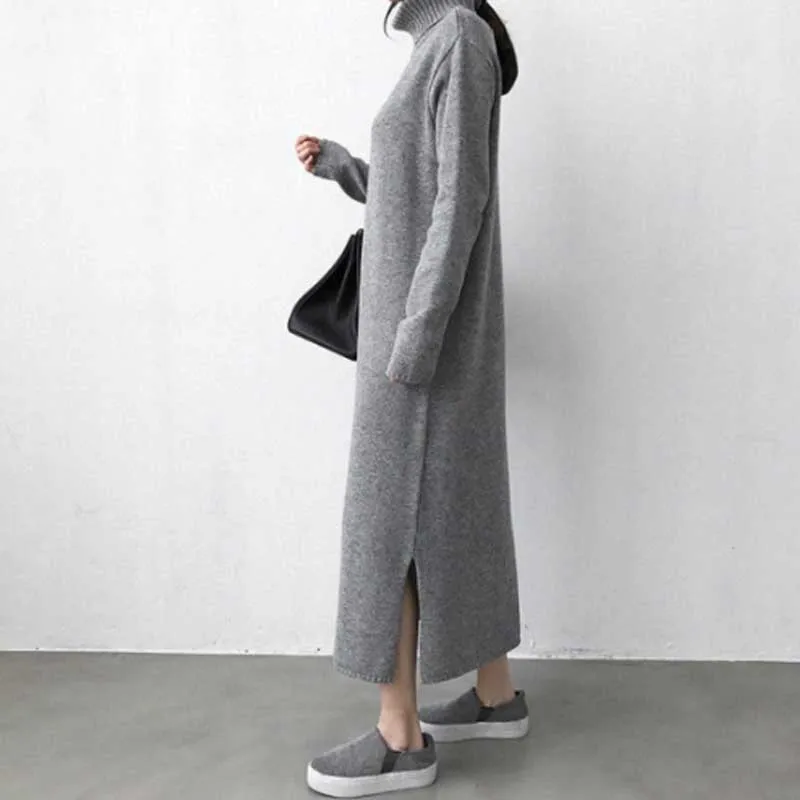 One-Piece For Female Knitted Sweater Long Dress 2020 Autumn Plus Size Loose High Neck Dress Women Winter Korean Thicken Dresses