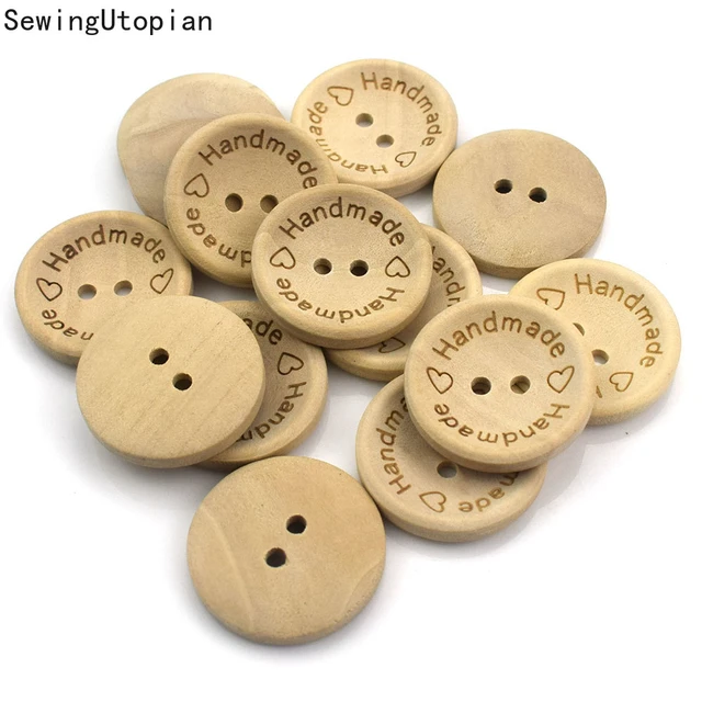 50pcs 15mm Carving Handmade Wood Buttons Flatback 2 Holes Wooden