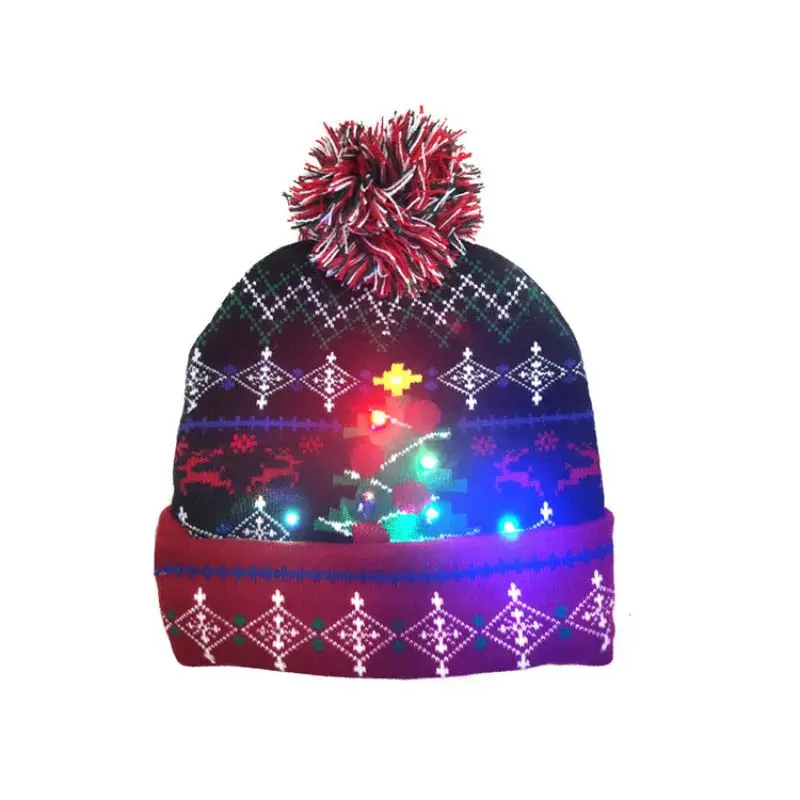 LED Christmas HAPPY NEW YEAR Knitted Hats Light-up Xmas Knit Beanie Adults Cap