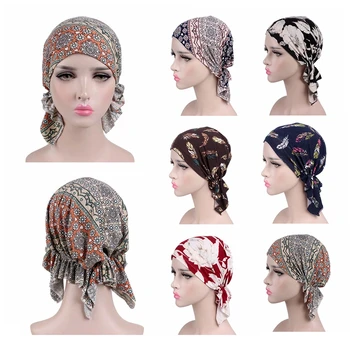 

New Headwear Stretch Cotton Printing CHEMO CAP Pre-tie style Spring Summer Brand Skullies Beanies Women Turban Chemotherapy Cap