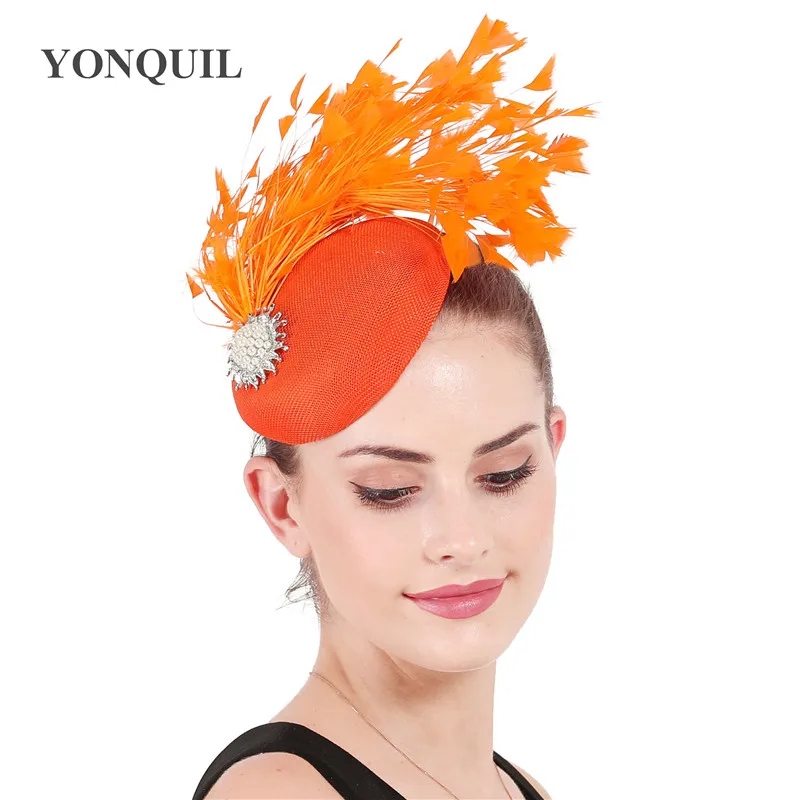 Оранжевые шляпы-федоры, заколки-перья для волос, вуалетки, церковные вечерние женские шапки, элегантный женский головной убор, украшение, головной убор SYF679