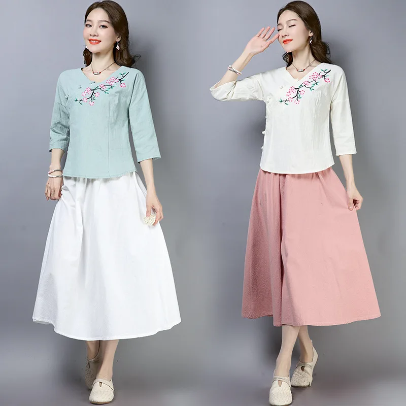 

2019 New Style Retro National Wind Literature And Art Cotton Linen Embroidered Hipster Slimming Tops + Skirt Two Pieces