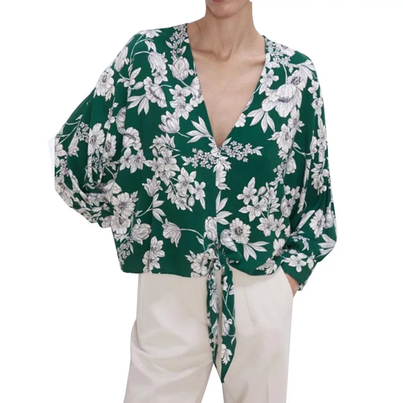 

CS899 Euro Design V Neck Green Color Floral Print Blouse Women Long Sleeve Shirts Tops