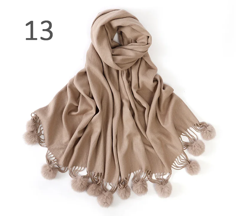 OMEA, Женский Одноцветный кашемировый шарф с мехом Ангорского Кролика, помпон-кисточка, длинный шарф, Женская шаль, зимний шарф высокого качества