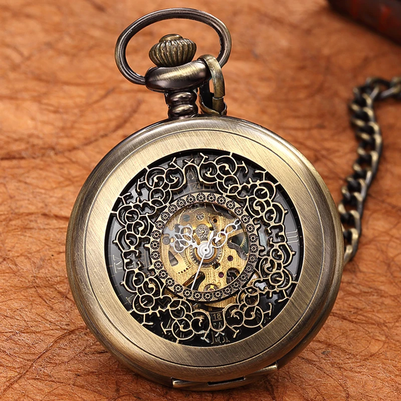Retro Hand Wind Mechanical Pocket Watch FOB Chain Locket Dial Hollow Steampunk Skeleton Men Women Mens Clock Watches Box