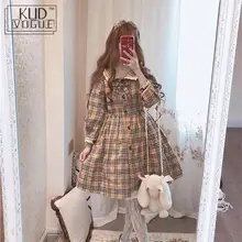 Té fiesta primavera otoño dulce Kawaii Lolita Vestido Mujer victoriano vestido Vintage caqui Plaid linterna manga Bowknot Sailor Collar(China)