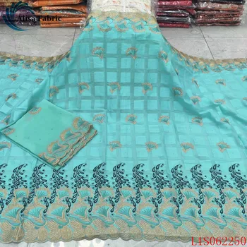 

Alisa mint green embroidered african lace 100% cotton fabric square design with stones swiss voile chiffon fabrics 5+2 yards/set