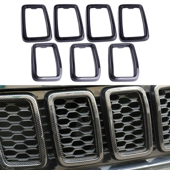 

beler ABS Carbon Fiber Style Front Grille Inserts Ring Cover Trim Frame Decorative Fit for Jeep Grand Cherokee 2017 2018 2019