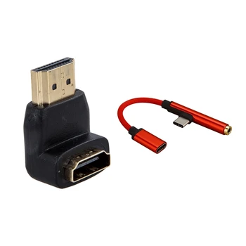 

HDMI Right Angle Male to Female Adapter with 2In1 Type-C to USB-C 3.5mm Jack Aux Earphone Cable Adapter (Red)