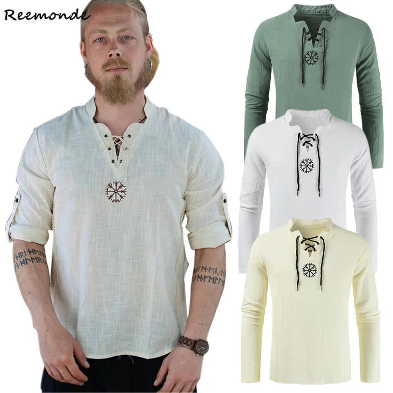 

Medieval Viking Pirate Linen Top Shirt Costume Renaissance Mens Nordic Retro T-shirt Tee Lace-Up Adult Men Medieval Trousers