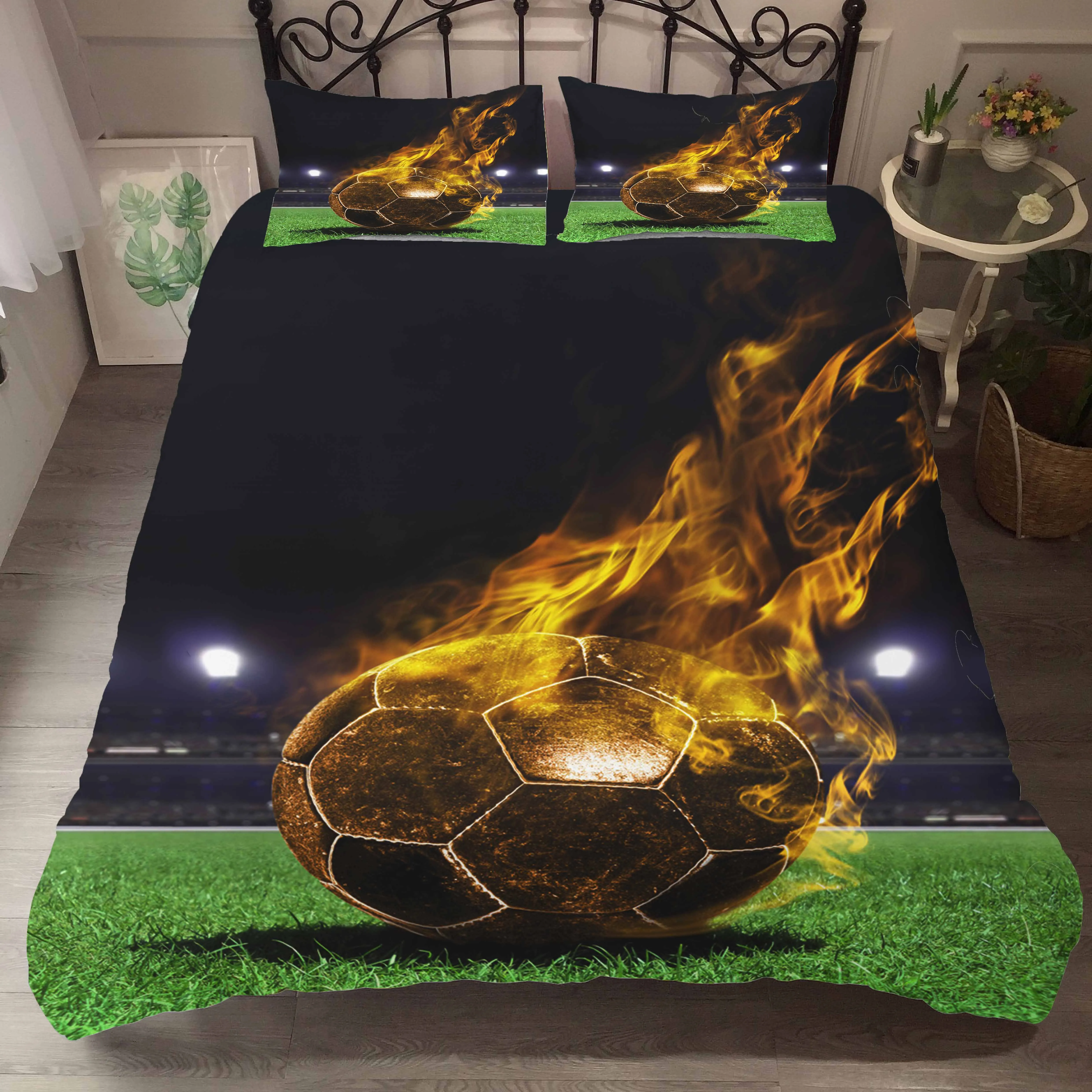 

3d Bedding Set Duvet Cover Football Field Fireball Printed Comforter Bedroom Clothes with Pillowcases for Boy