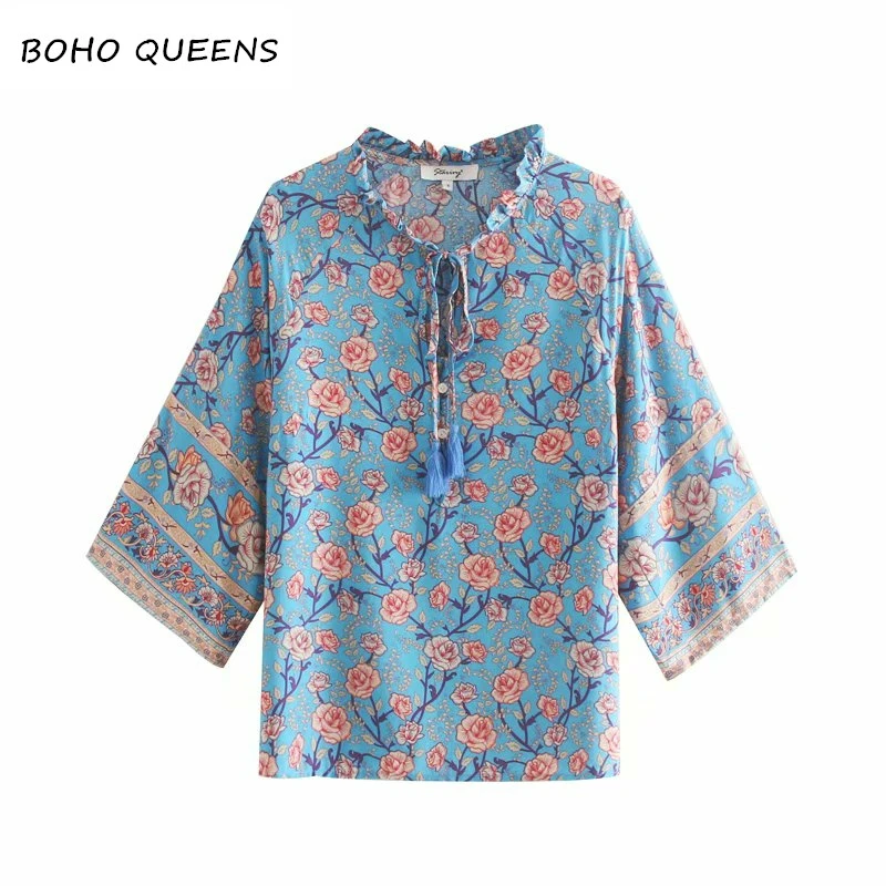 

Boho chic women floral print Drawstring rayon bohemian beach blouse shirt ladies flare sleeve loose Boho shirts blusa