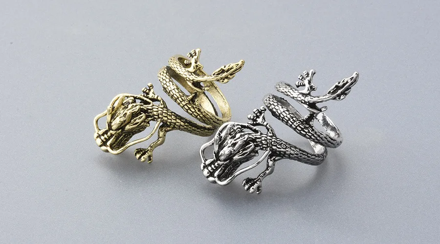 Винтажные Ретро увеличенные открытые кольца с драконом для мужчин и женщин в стиле панк для девушек, золотые, серебряные вечерние ювелирные изделия на палец