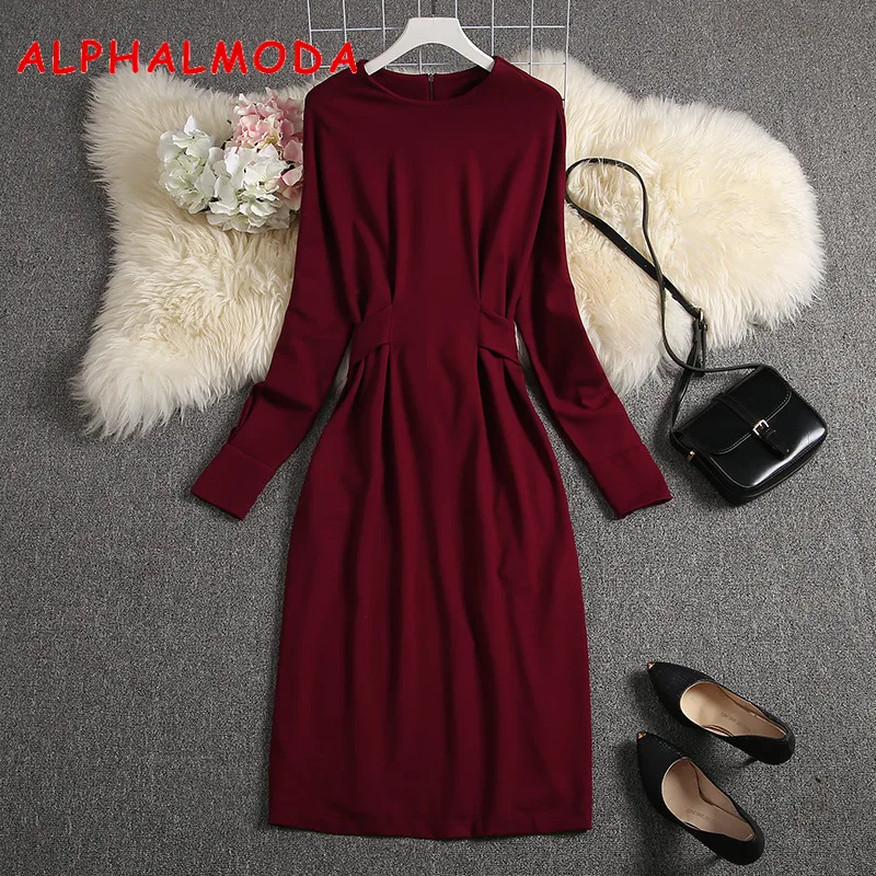 

ALPHALMODA 2019 Autumn Women High Waist Long-sleeved Elegant Dress Solid Color Slim Waist Bow Tie Sashes Feminine Long Outfit