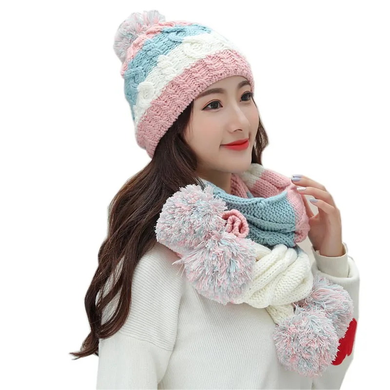 Женская шапка Skullies Beanie и шарфы перчатки из трех частей зимние шапки для женщин шарф-перчатка набор Kitted шерстяная Круглая Шапочка сохраняющая тепло