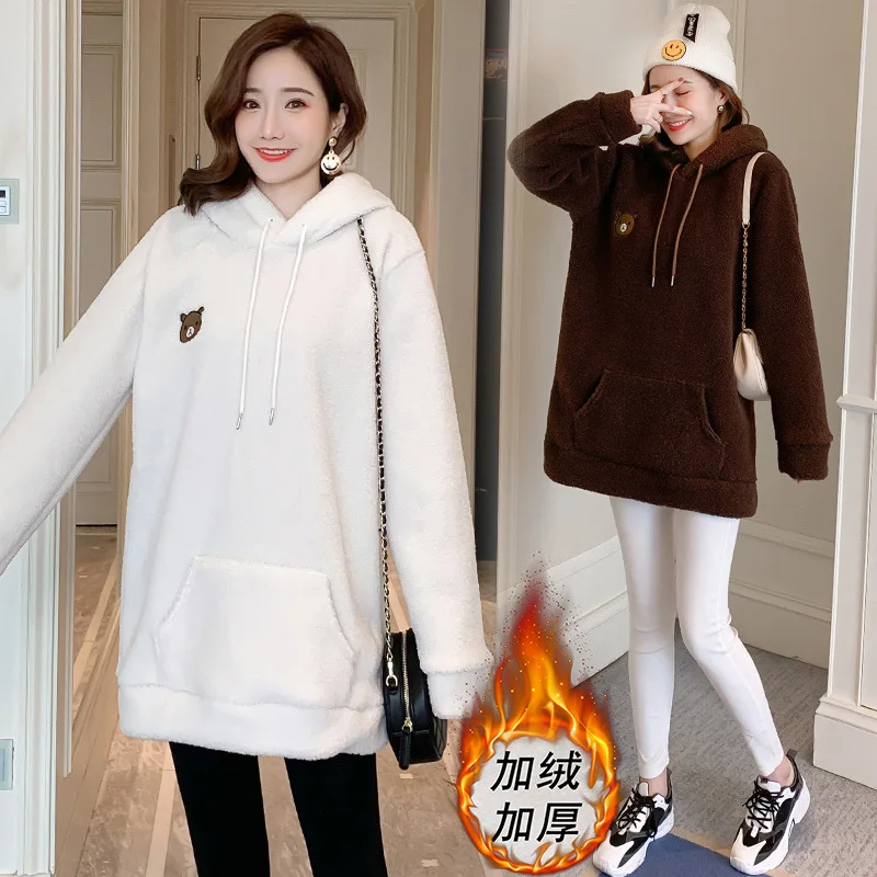 

(Photo Shoot) Maternity Clothes New Style Winter plus Velvet Lambs Wool Coat Hoodie