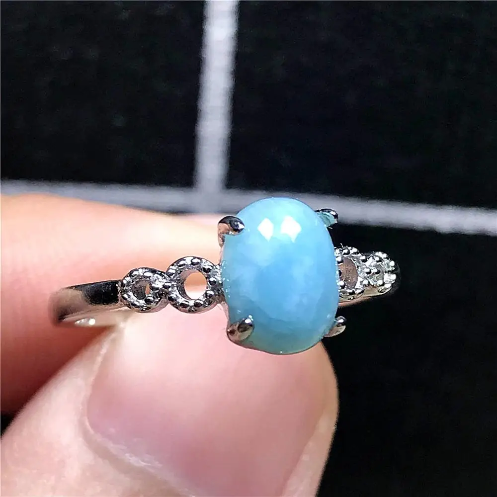 

100% Natural Blue Larimar Beads Ring Jewelry For Woman Lady Man Crystal Silver 8x6mm Oval Beads Gemstone Adjustable Ring AAAAA