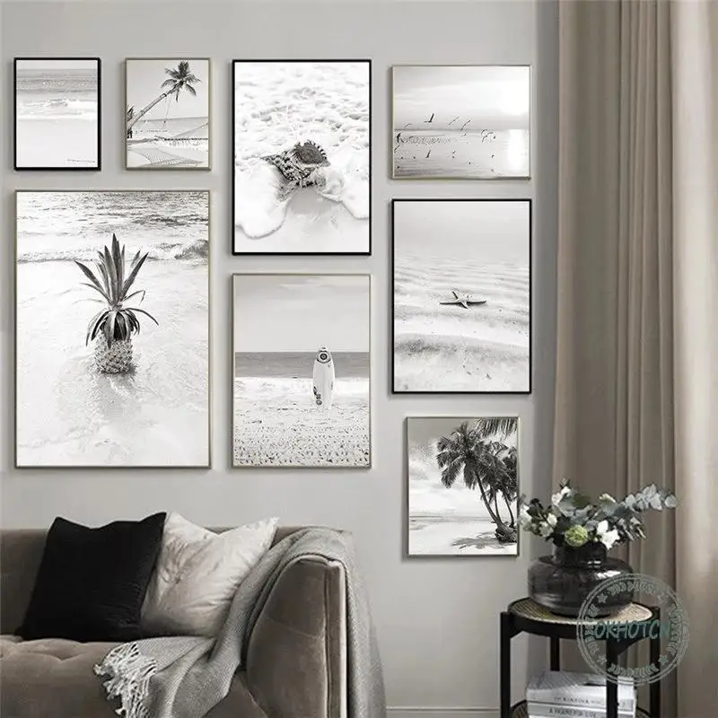 Nordic Black and White Beach Seaside Scenery Picture Wall Art Canvas Painting Palm Tree Shell Surf Board Poster Home Decor | Дом и сад