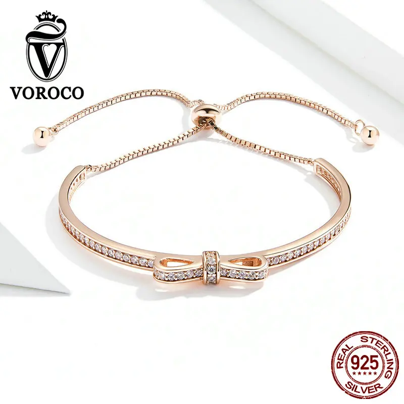 VOROCO, 925 пробы, серебряный, розовый, золотой, с бантом, регулируемый браслет для женщин, элегантный подарок на день рождения, свадебное ювелирное изделие, BKB108-C