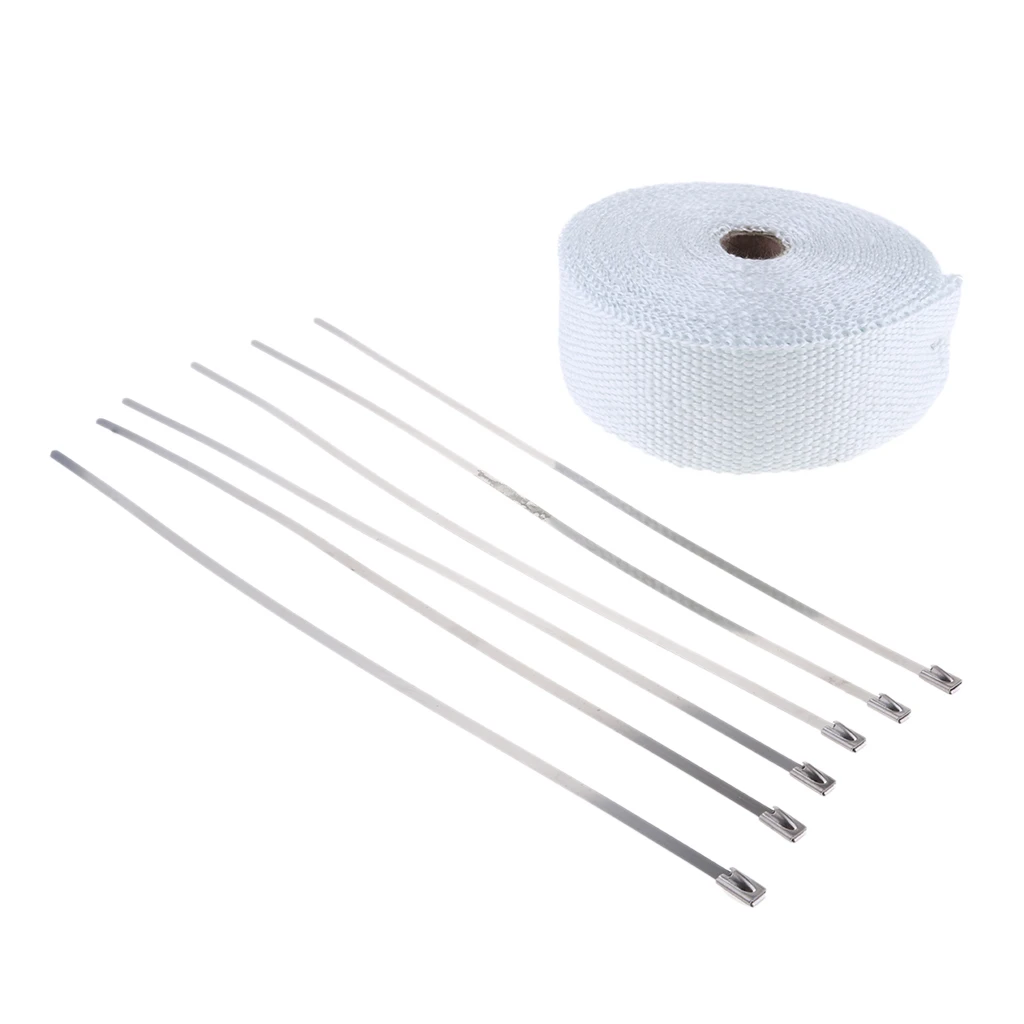 10m*5cm*2mm White Exhaust Header Pipe Wrap Motorcycle Car Manifold & 6 Ties