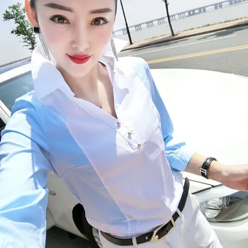 

2020 Autumn Women's Wear Spell Color Shirt Seven Points Sleeve Backing Shirt Slim Fit Top