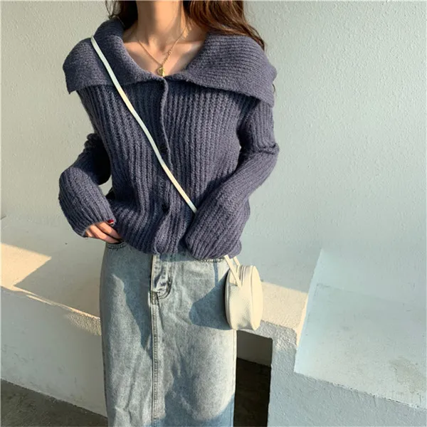 RUGOD Korean New Style Chic Middy Collar Solid Color Knitted Cardigan Long-sleeve Loose Sweater Winter Tops For Women Fashion - Цвет: Синий