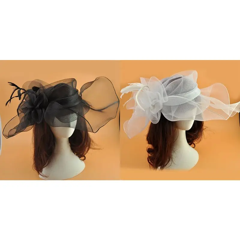 Women Fascinator Hat Vintage Hairpin Broad Brim Headwear Flower Mesh Party Veil U50C