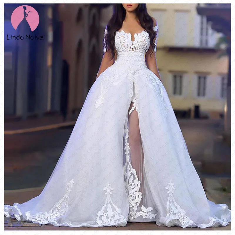 High Quality Off The Shoulder Side Slit Lace Ball Gown Wedding Dresses Robe De Mariee Sexy Scoop Lace Up Wedding Gowns Cheap Vestido De Noiva