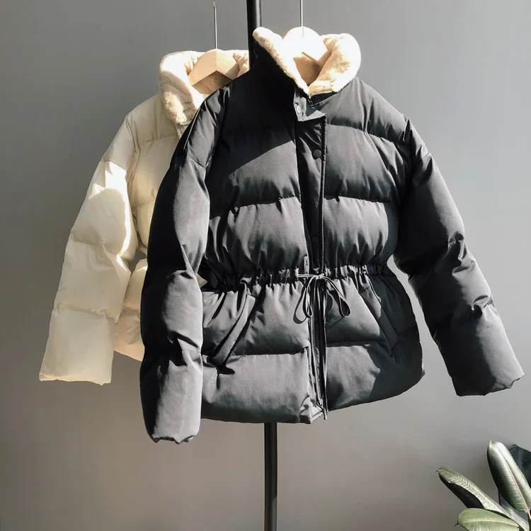

Mooirue 2019 Winter Parka Women Winter Rabbit Fur Collar Drawstring Lace Up Thick Stand-up Collar Cotton Women Coat