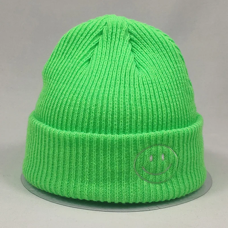 Fashion Plain Short Knitted Winter Hat for Women Smile Face Mens Beanie Neon Yellow Neon Green Purple Hot Pink