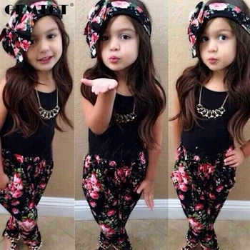 

Hot Summer Girls Clothing Set Vest T-shirt Flower Pants Headband Pattern Style Baby Suit For Baby Kids Girls