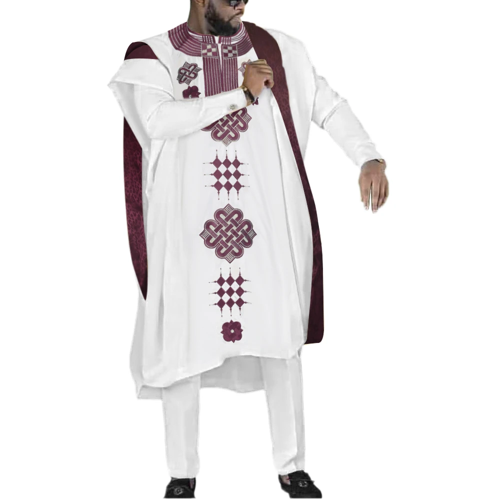 H&D Embroidered Dashiki Agbada Men African Traditional Clothes Ankara Outfit Cover Shirt Pants 3 PCS Suit Muslim Sets PH9173 african traditional attire