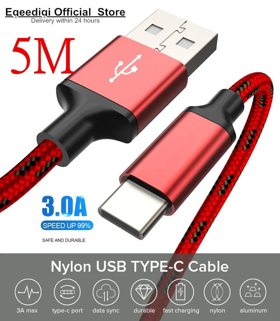 Egeedigi 3A Быстрая зарядка 5 м длинный usb type C кабель для samsung Xiaomi Redmi Note 7 Android USBC Micro USB шнур 8Pin для iPhone