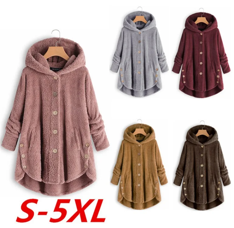 

Autumn And Winter Fashion Plush Jacket Long Sleeve Solid Color Buttons Irregular Loose Long Warm Coat Urban Streetwear