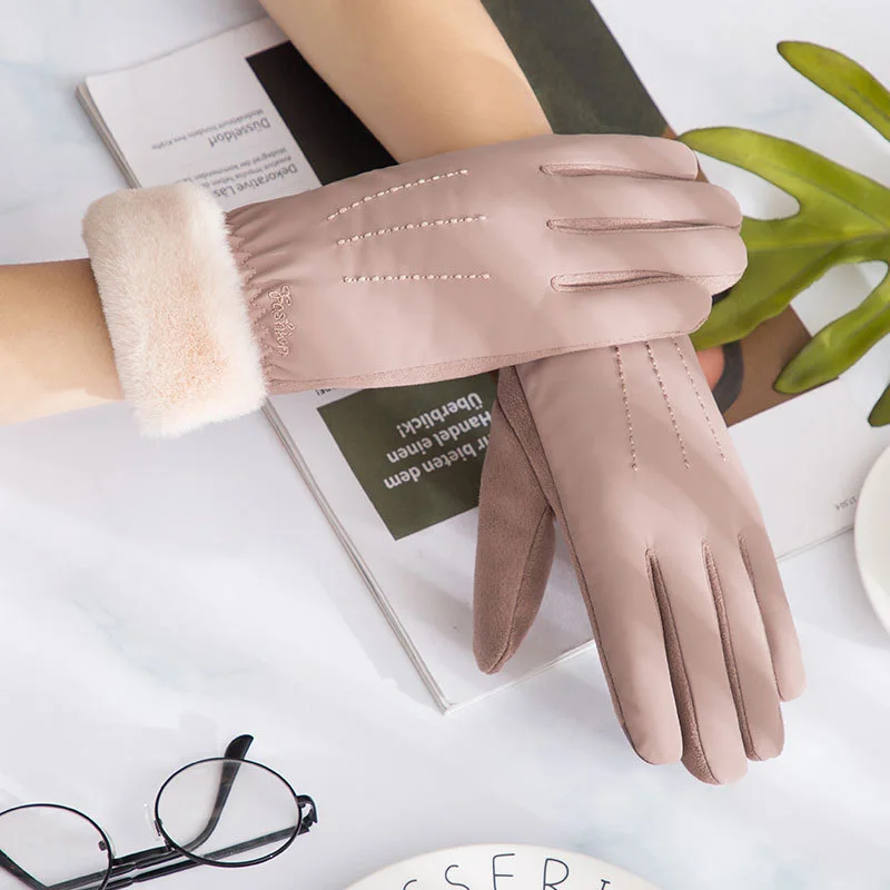 Lovely lace plush wrist touch screen gloves warm winter ladies riding outdoor riding touch screen warm gloves C64C - Цвет: A Khaki