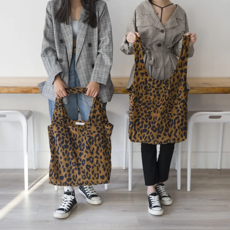 

Hot style leopard print corduroy cloth bag special price shopping bag with large capacity
