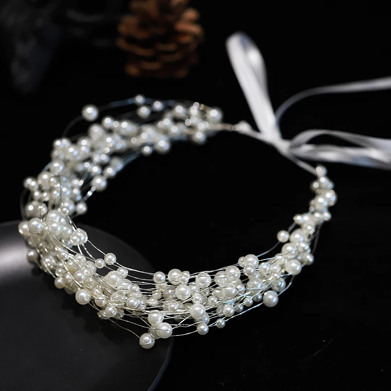 

HIMSTORY Handmade Pearls Bridal Headband Tiara Crown Wedding Hair Accessories Charming Multi-layers Headpiece Hairwear Jewelries
