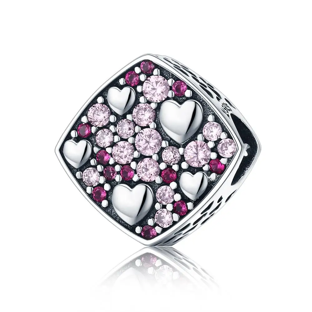 925 Sterling Silver Pink Crystal Heart Square Charm Beads fit DIY Bracelet Jewelry Girlfriend Gift For Friends SCC471 | Украшения и